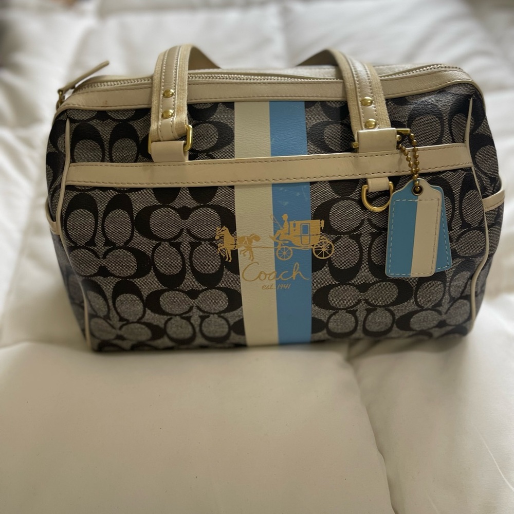 Coach Signature Stripe Satchel - Black, Cream, and Blue